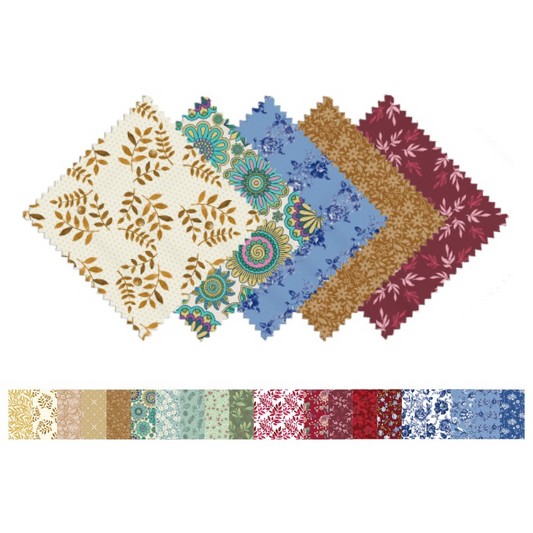 Collection of fabric swatches with various patterns and colors on a white background.