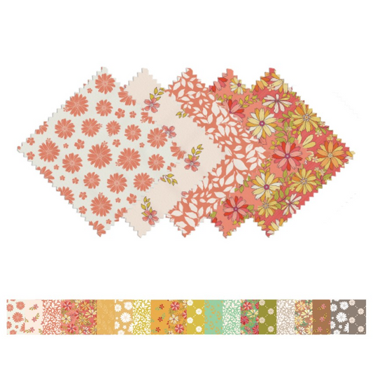 Set of floral patterned paper squares with a color swatch below on a white background.
