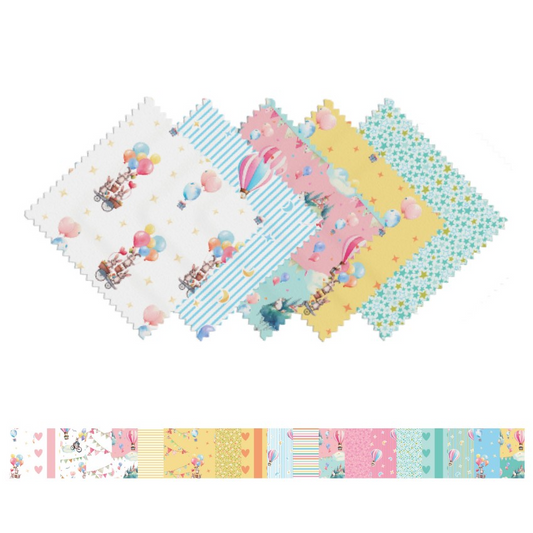 Set of colorful fabric swatches with various patterns on a white background