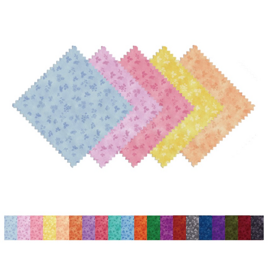 Set of colorful fabric swatches with a rainbow stripe at the bottom on a white background.