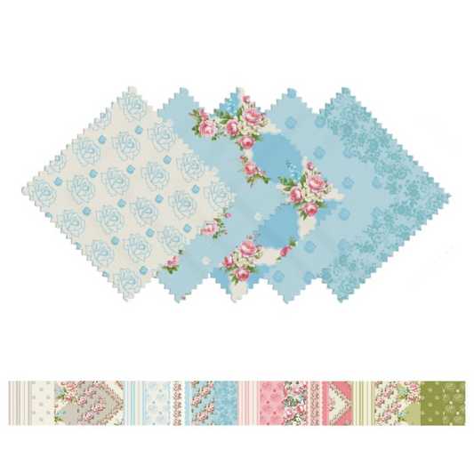 Set of floral patterned fabric squares on a white background
