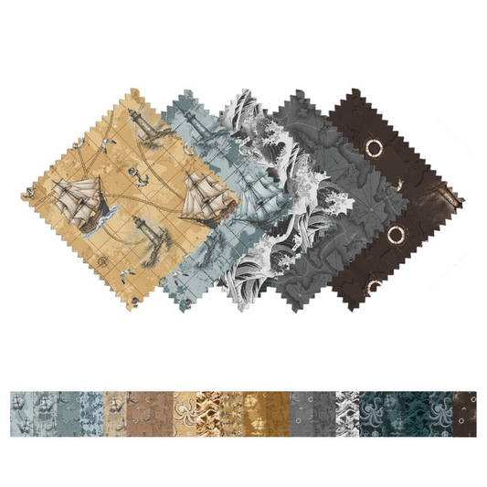 Set of fabric swatches with nautical patterns on a white background