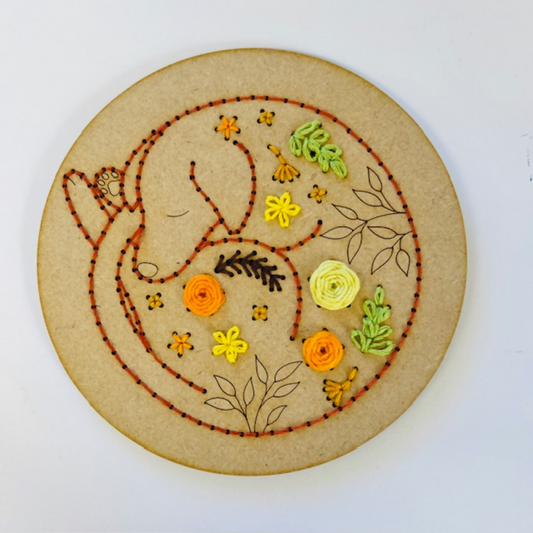 Embroidery hoop with floral design on a white background
