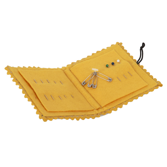 Embroidered Bee Needlecase, open, revealing felt pages for storing sewing needles