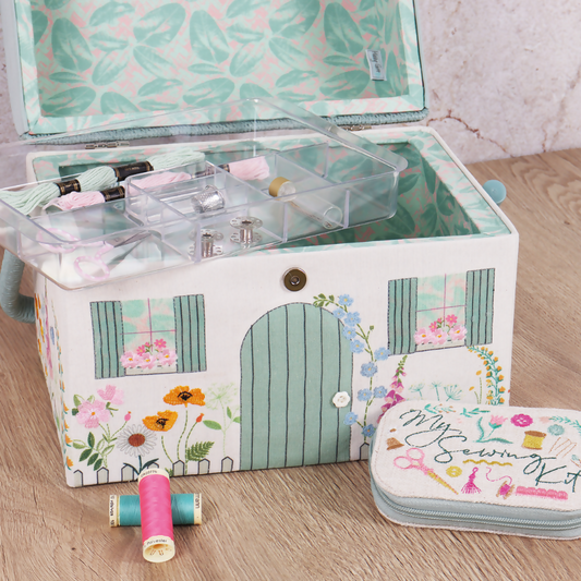 Embroidered Country Cottage Sewing Box open