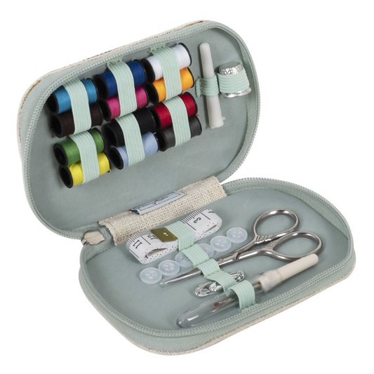 Embroidered Sewing Kit Zip Case, open, revealing included scissors, thread, and other sewing tools neatly organised
