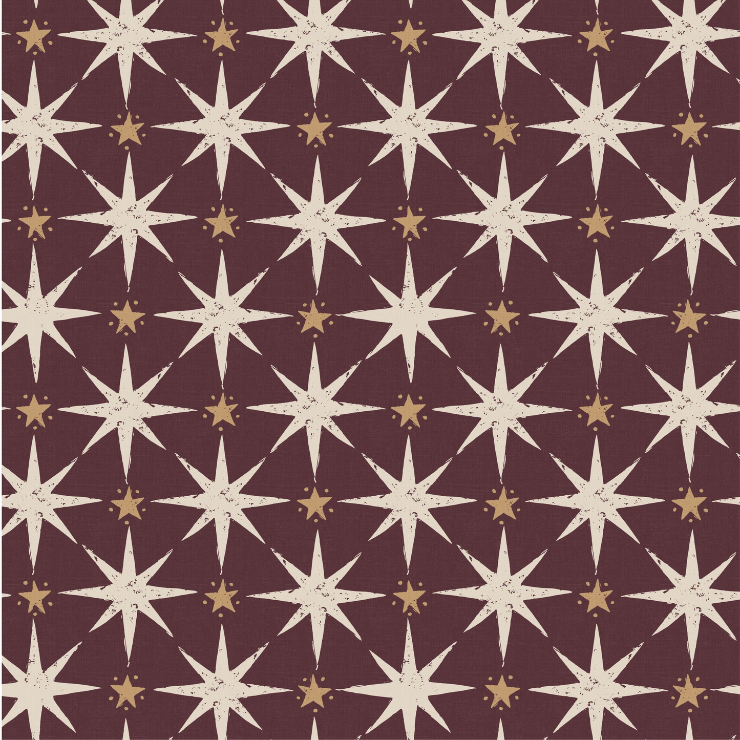 Pattern of white stars and small gold stars on a dark red background