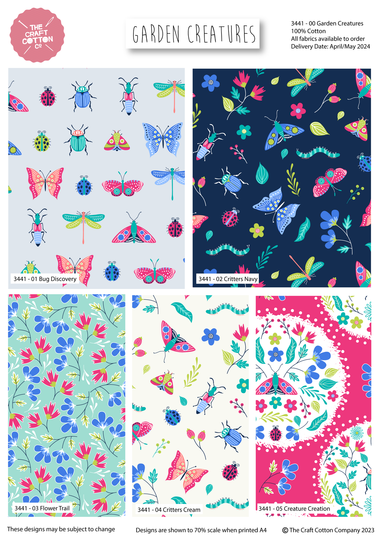 Collection of colorful garden-themed fabric patterns with 'The Craft Cotton Company' branding.