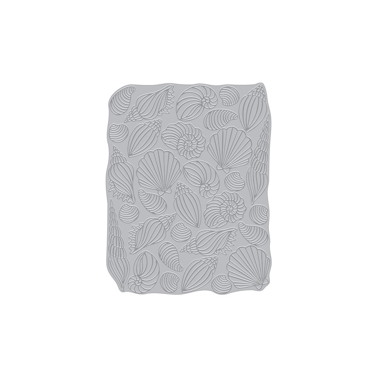 Gray textured square with shell pattern on a white background