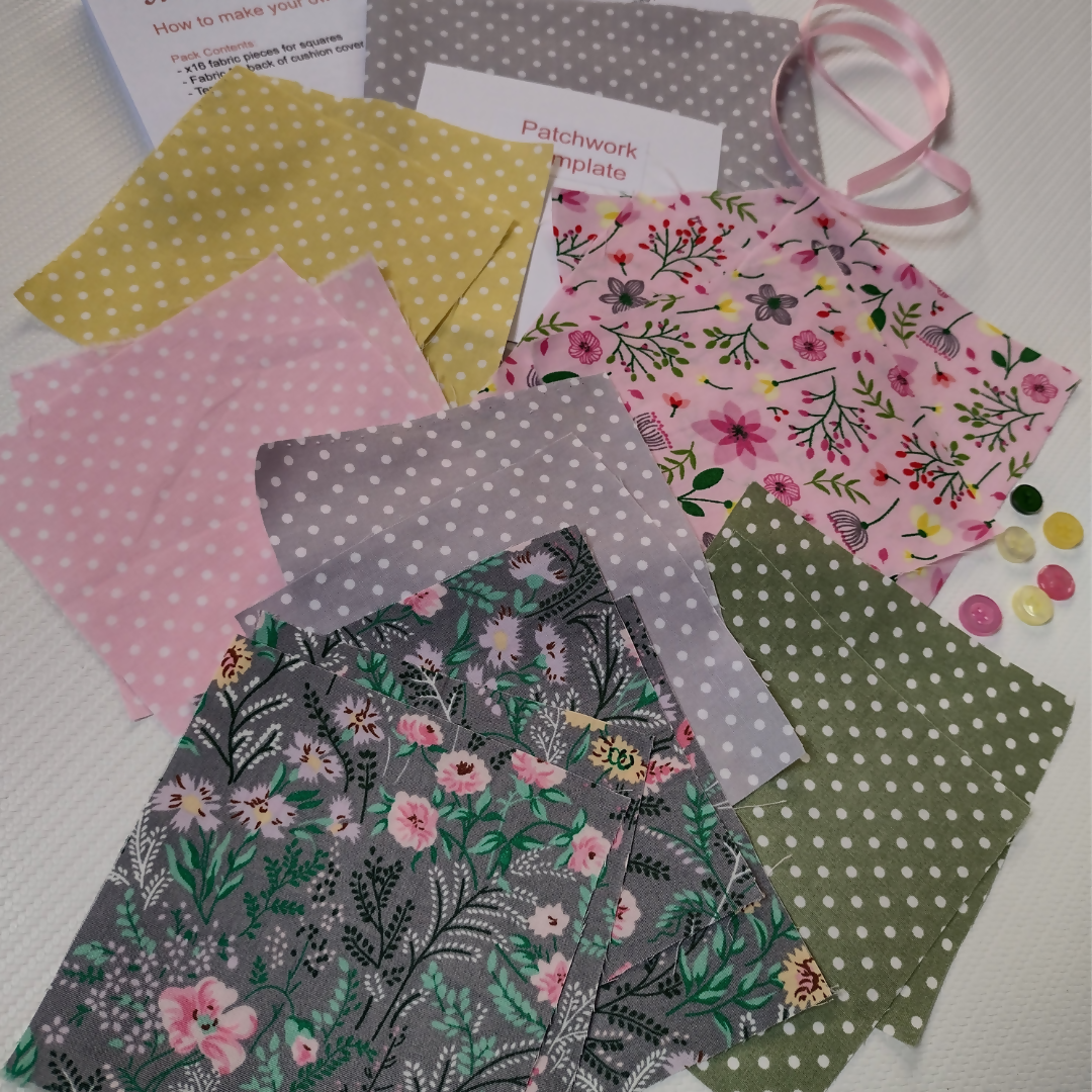 Collection of fabric samples with floral and polka dot patterns on a white background