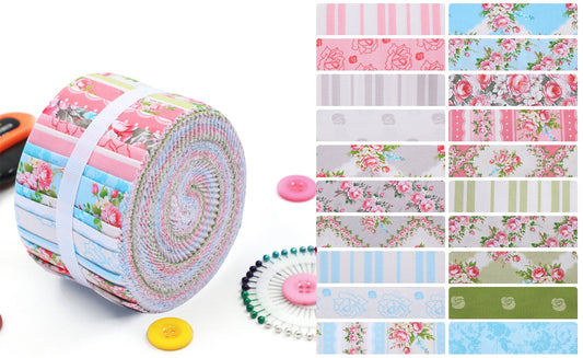 Roll of fabric with floral and striped patterns, buttons, and a spool of thread on a white background.