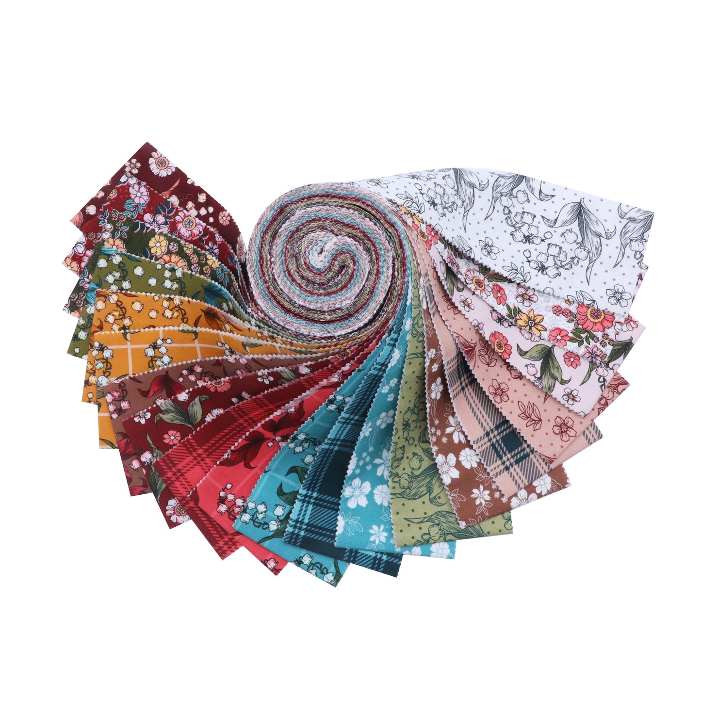 Collection of fabric swatches in various patterns and colors on a white background