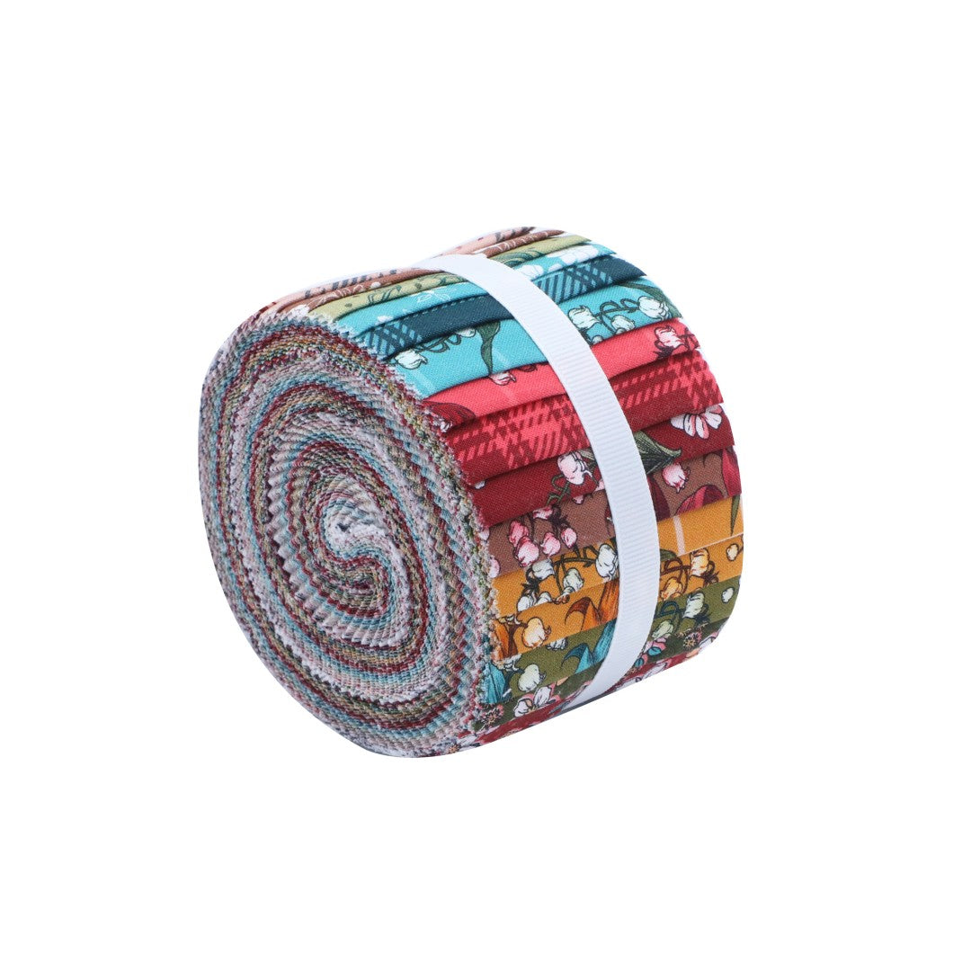 Roll of colorful fabric with various patterns on a white background