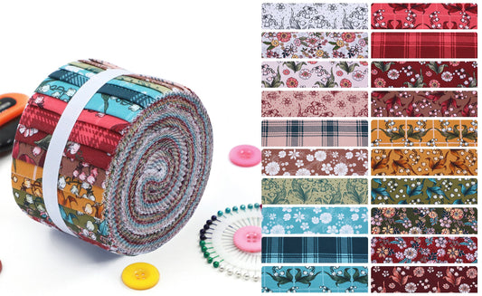 Roll of fabric with a selection of patterned fabric strips and buttons on a white background