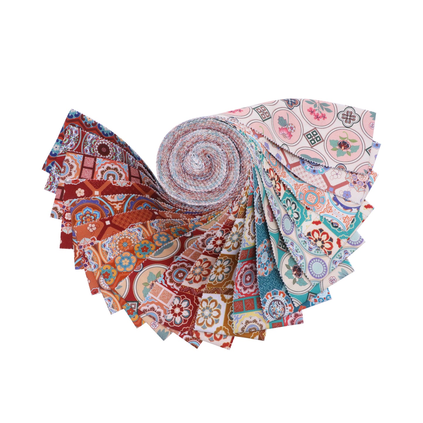 Collection of colorful fabric swatches with various patterns on a white background