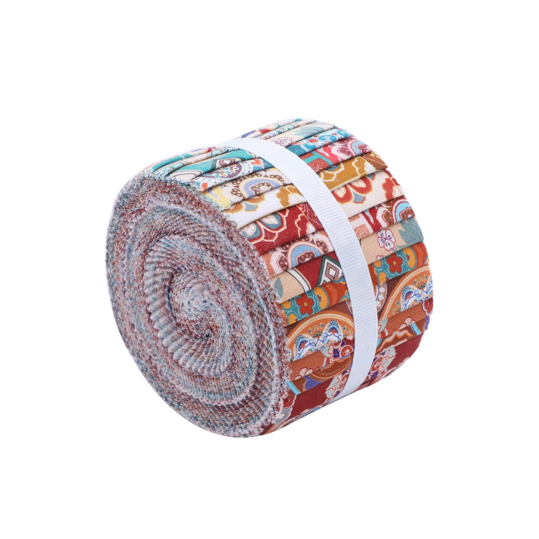 Roll of fabric with colorful pattern on a white background