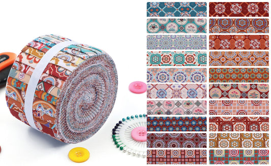 Roll of patterned fabric with fabric swatches and sewing tools on a white background