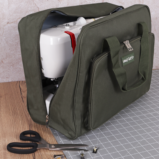 Khaki Sewing Machine Bag open with a sewing machine securely placed inside