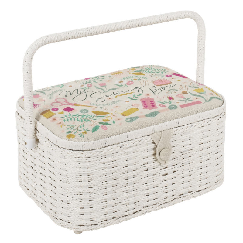 Large Embroidered Sewing Box, closed, showing oval shape, 'My Sewing' embroidered lid, and wicker sides/handle.
