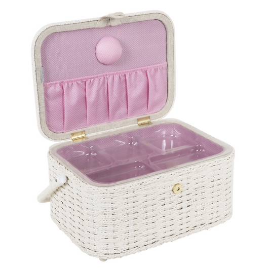 Large Embroidered Sewing Box, open, revealing soft plastic internal tray, built-in pincushion, and lid pocket.