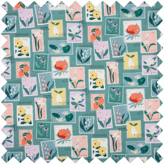 Large Embroidered Stamps Drawstring Craft Bag Close Up