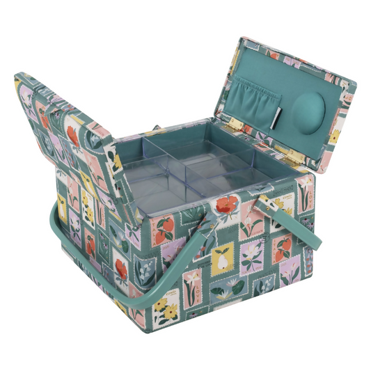 Large Embroidered Stamps Sewing Box, open, revealing twin lids, internal plastic tray, pincushion, and pocket
