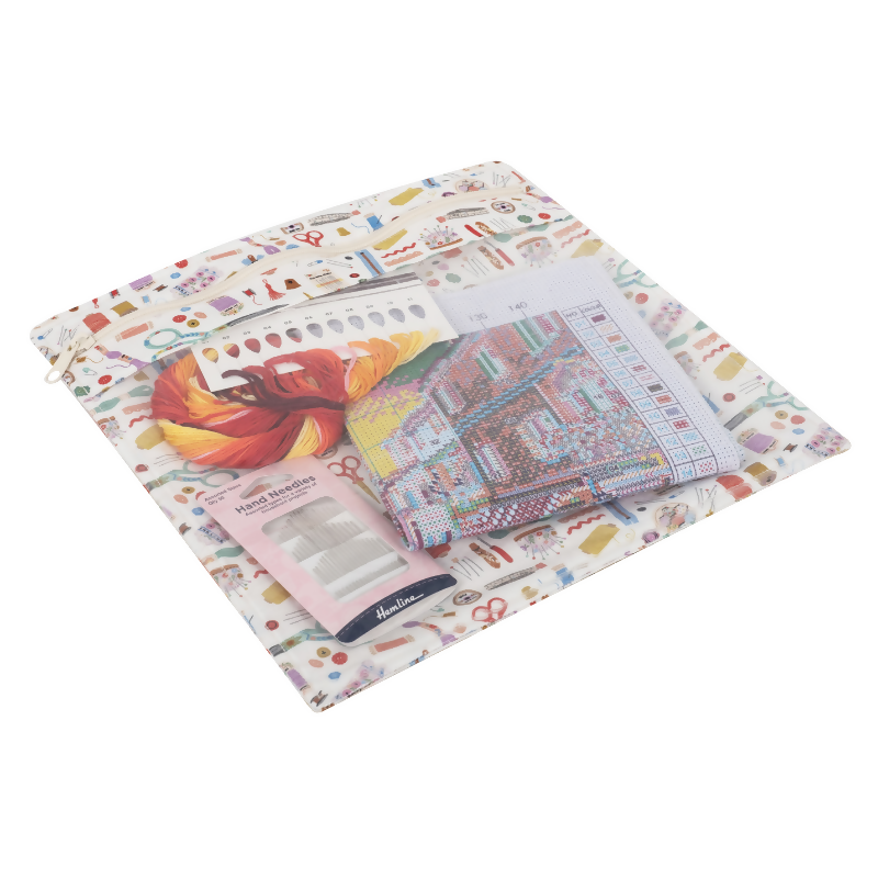 Large Haby Notions Project Pouch with transparent front showing embroidery floss and fabric