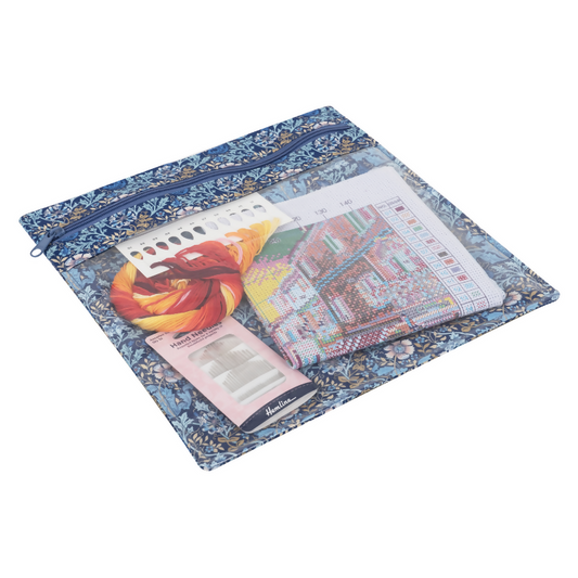 Large Woodblock Floral Project Pouch, open or with project visible through clear pocket, showing organized contents