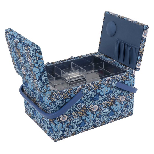 Large Woodblock Floral Sewing Box, open, revealing twin lids, internal plastic tray, pincushion, and pocket
