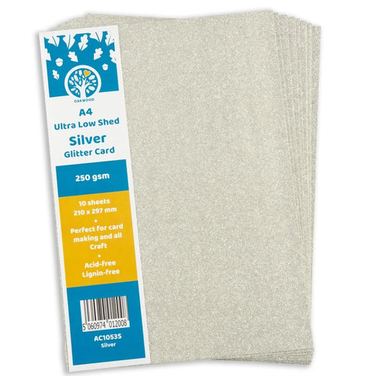 Oakwood Archer A4 Ultra Low Shed Silver Glitter Card with packaging on a white background