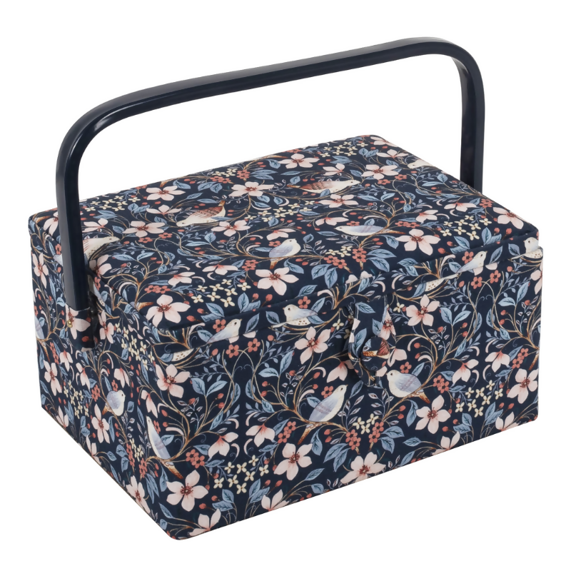 Medium Blossom Birds Sewing Box, closed, showing floral and bird print with magnetic clasp