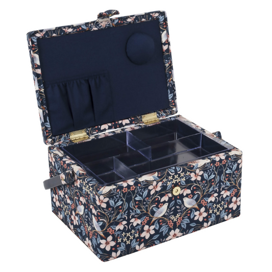 Medium Blossom Birds Sewing Box, open, revealing internal plastic tray, pincushion, and pocket