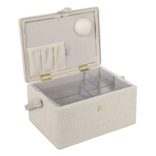 Medium Embroidered Sewing Box, open, revealing internal plastic tray, pincushion, and pocket