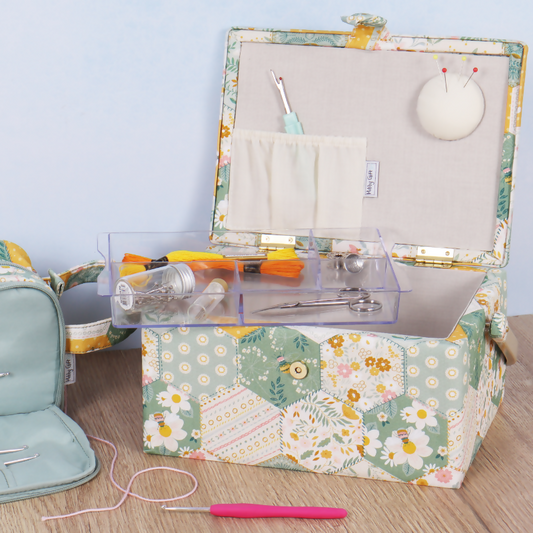 Medium Patchwork Bee Sewing Box, open, revealing internal plastic tray with compartments, pincushion, and lid pocket