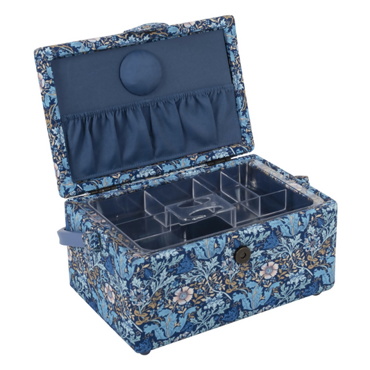 Medium Woodblock Floral Sewing Box, open, revealing internal plastic tray, pincushion, and pocket
