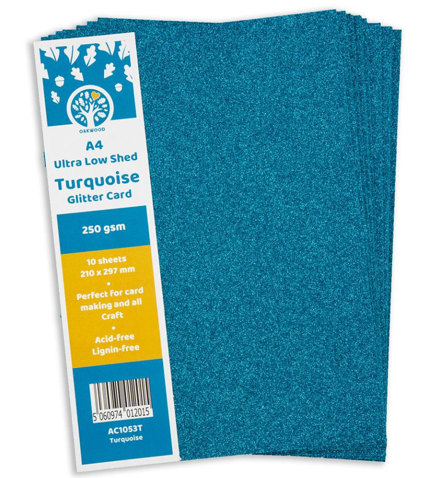 Oakwood A4 Low Shed Turquoise Glitter Card- Pack of 10