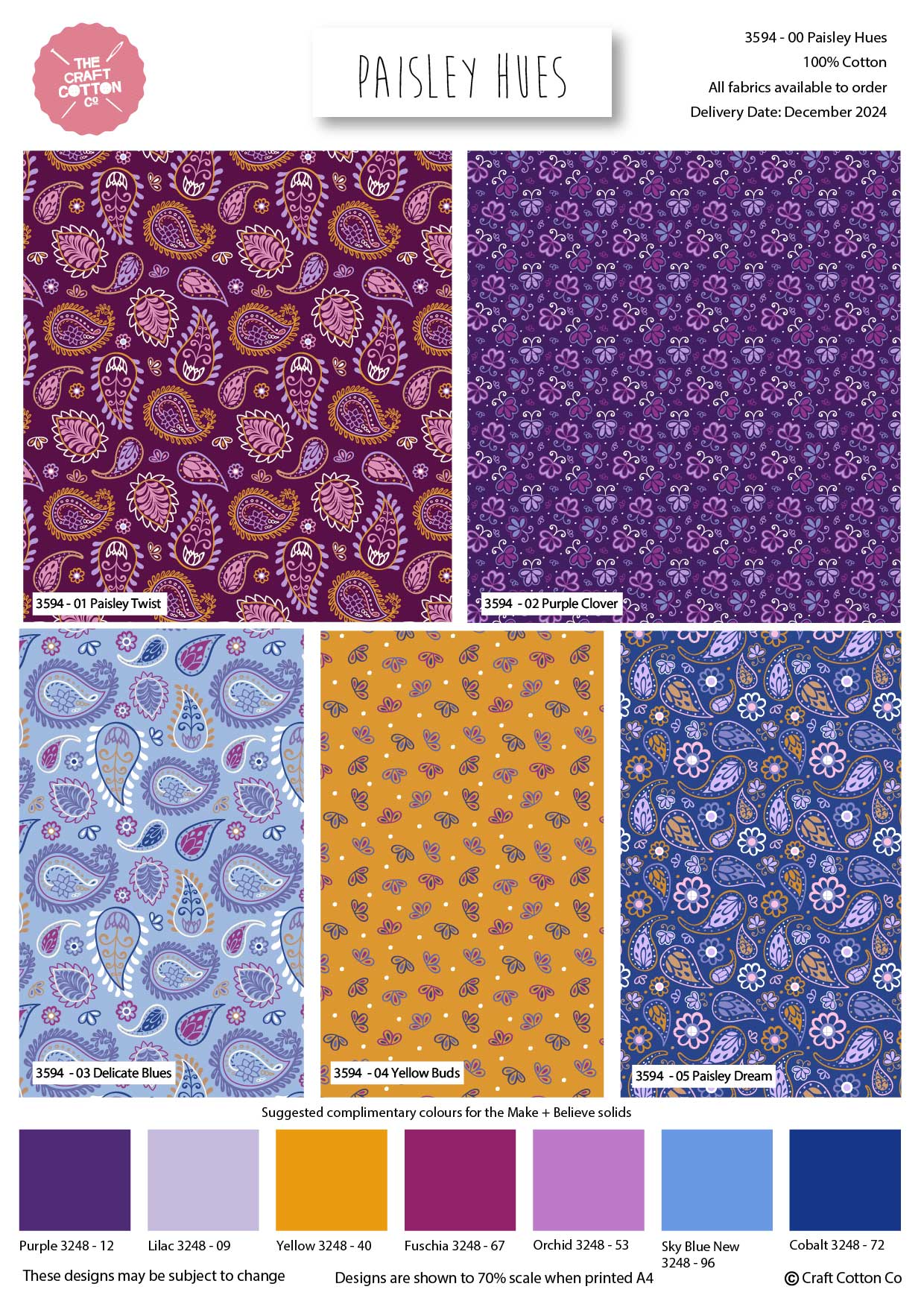 Fabric swatches with paisley patterns in various colors and a color palette below.