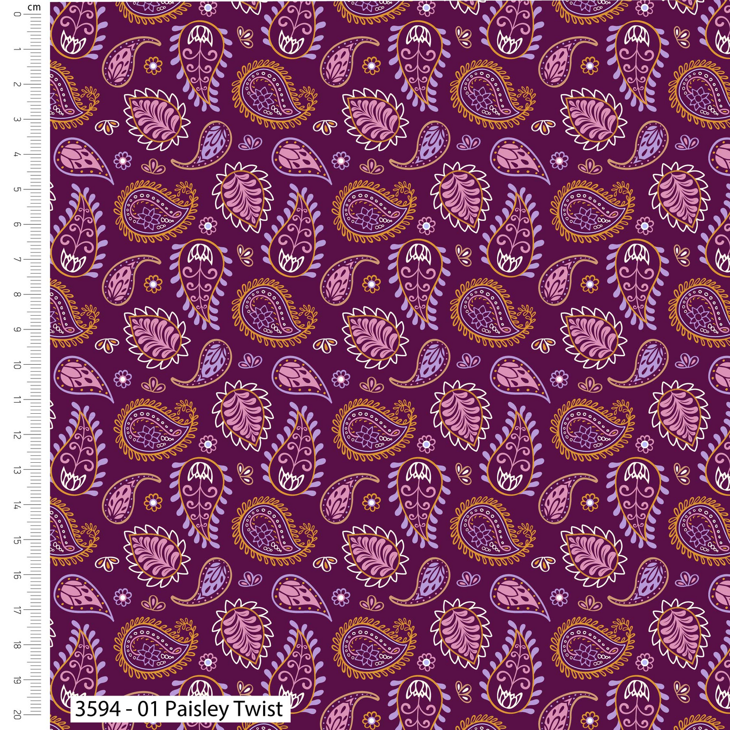 Patterned fabric with paisley design on a purple background, accompanied by a ruler for scale.
