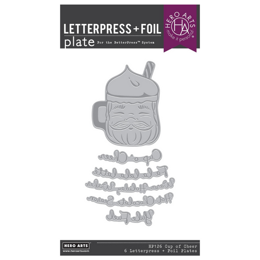 Letterpress and foil plate with mug design and text on a white background