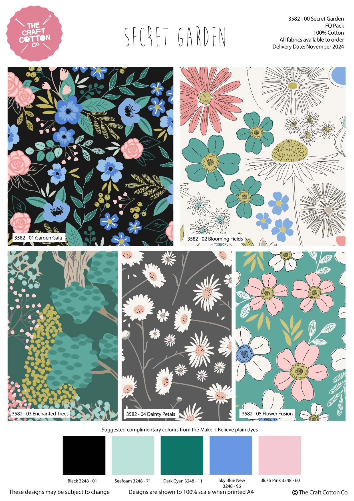 Collection of floral patterns with color swatches and branding information from 'The Craft Cotton Co'.