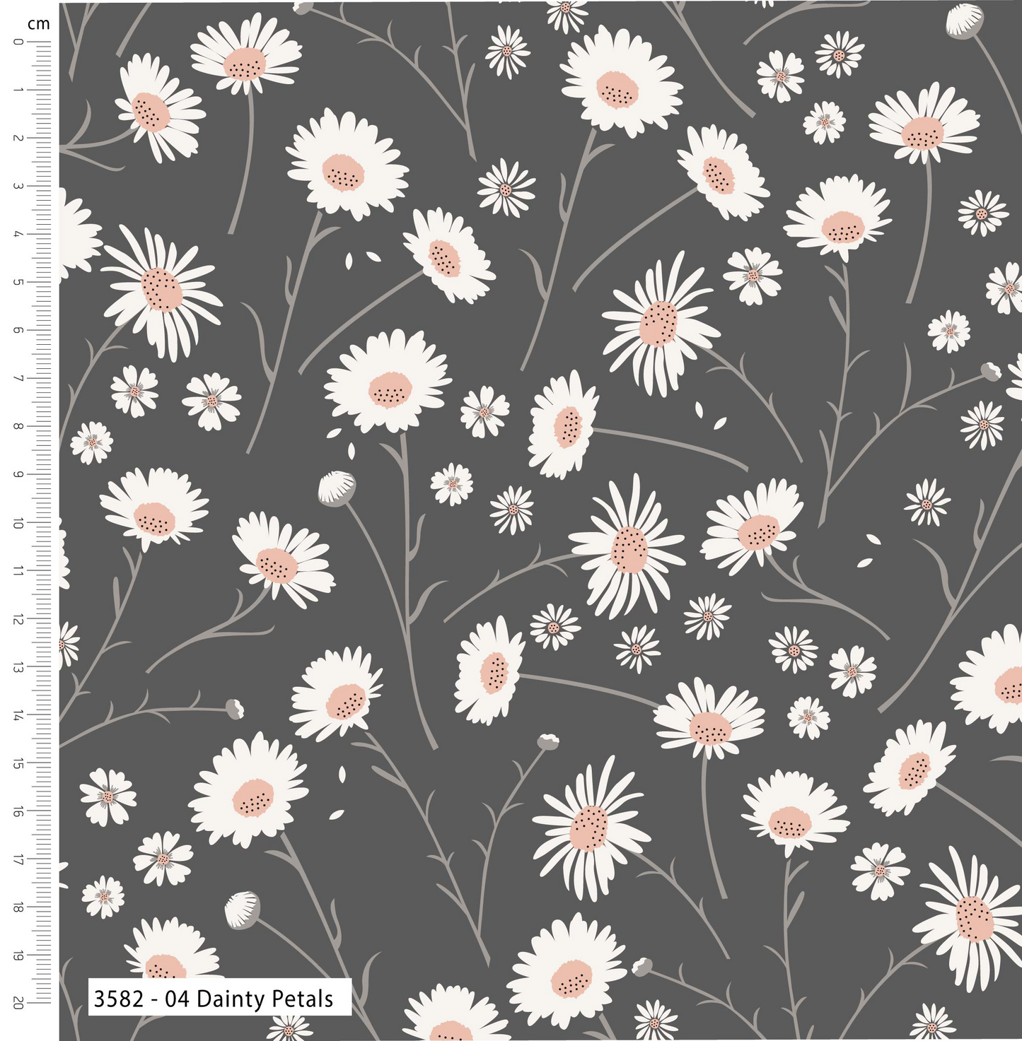 Floral pattern with white and pink flowers on a dark gray background, featuring a ruler on the left side.
