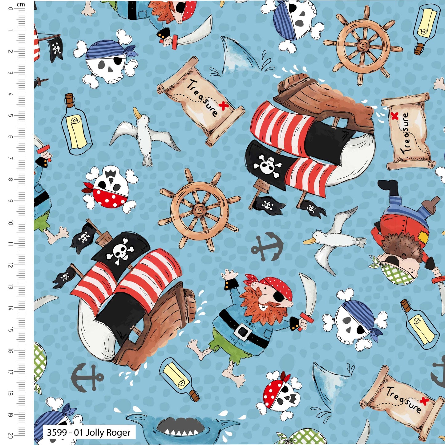 Pirate-themed fabric with characters and elements on a blue background