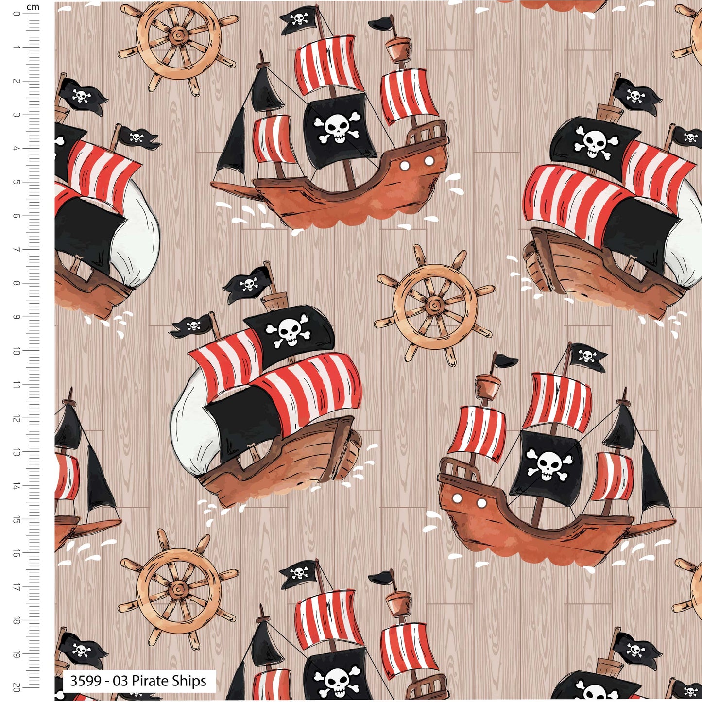 Pattern of pirate ships and ship wheels on a beige background with a ruler on the left.