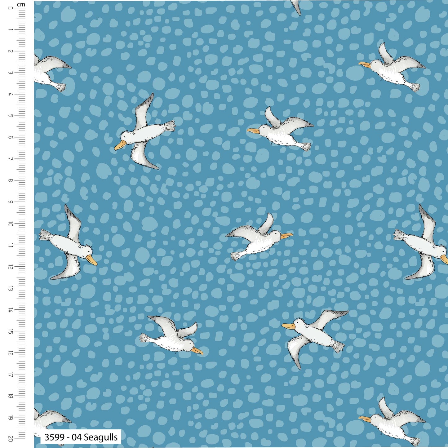 Pattern of seagulls on a blue background with a ruler on the side.
