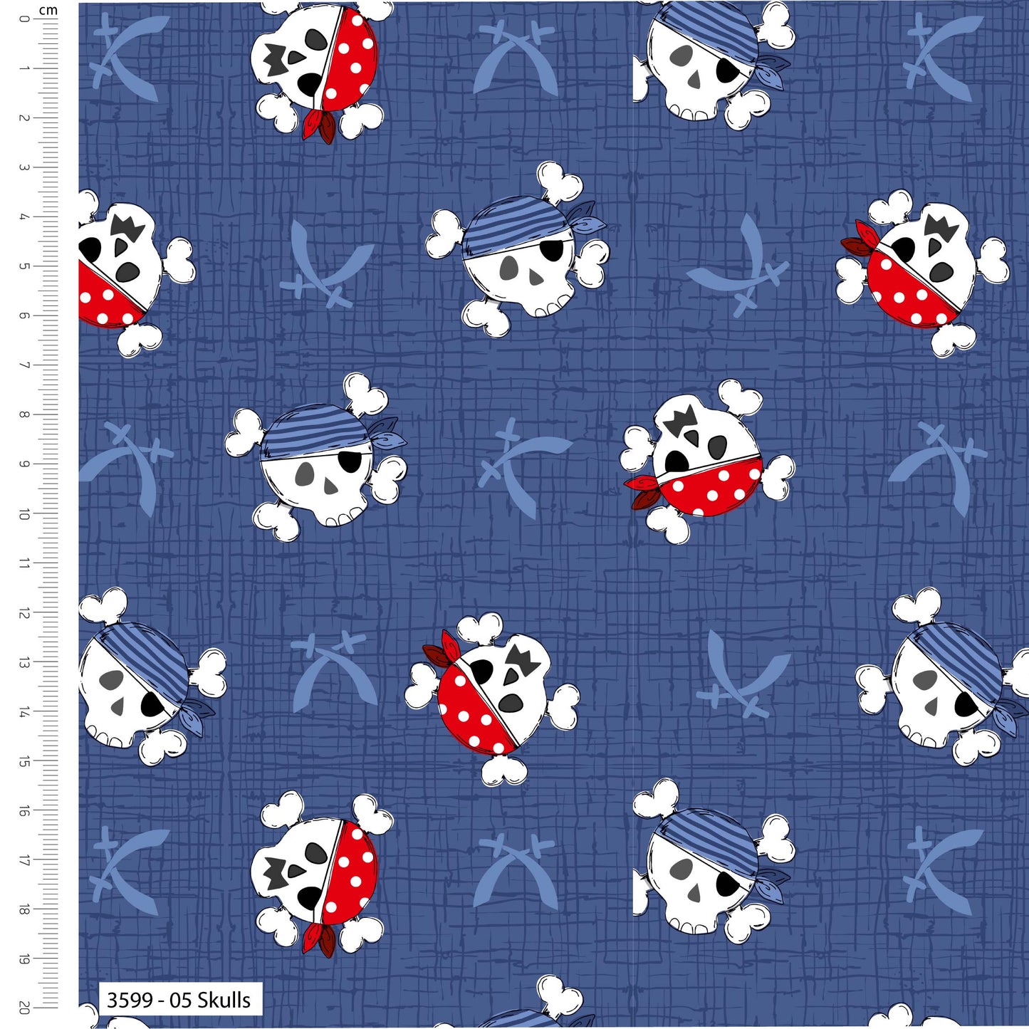 Fabric with pirate-themed pattern including skulls, swords, and bandanas on a blue background.