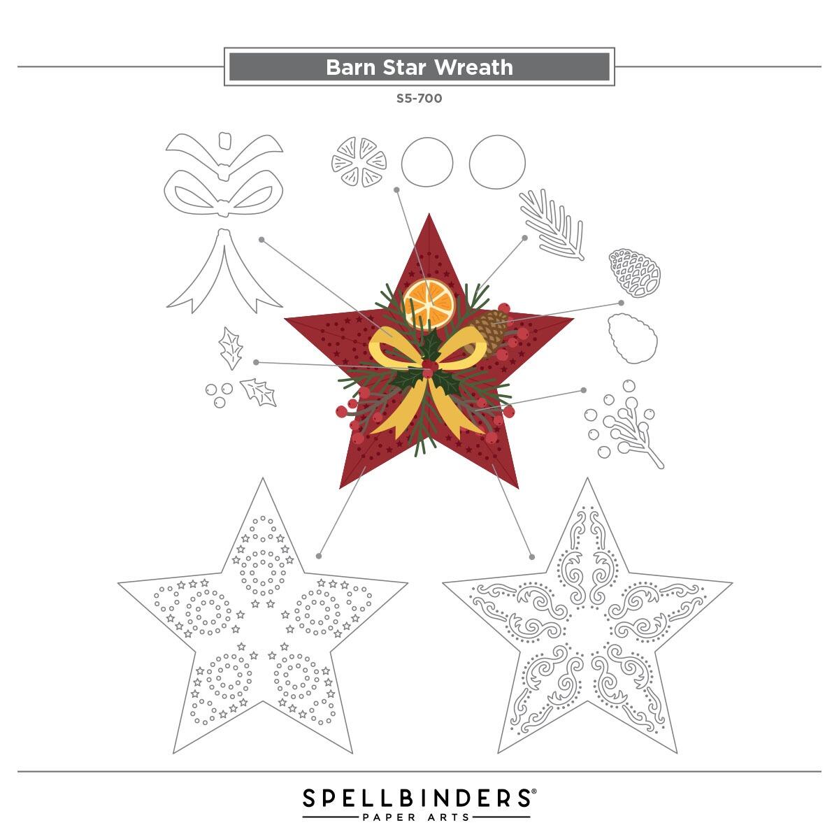 Design template for a Barn Star Wreath with decorative elements and Spellbinders branding.
