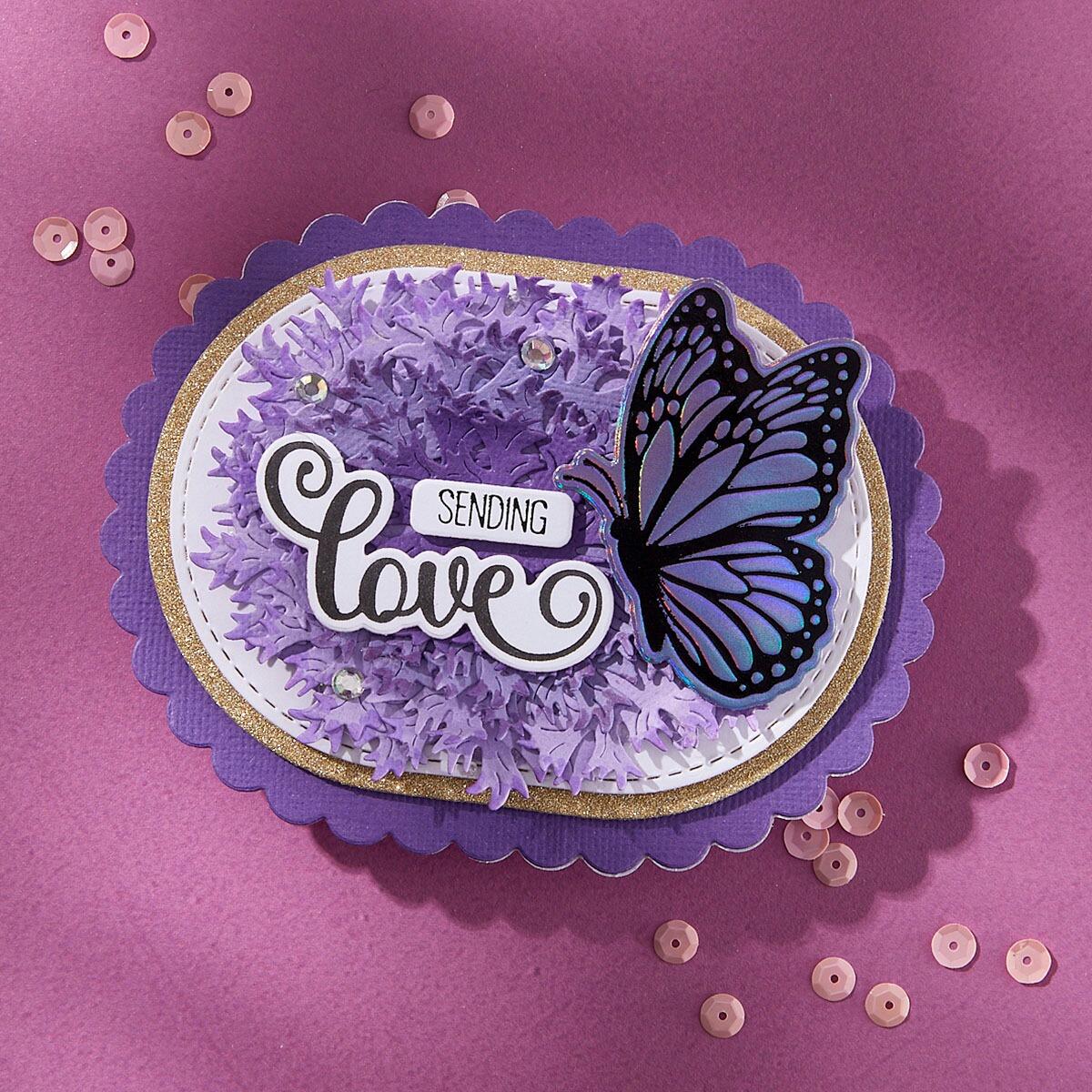 Card with a butterfly and 'Sending Love' text on a purple background