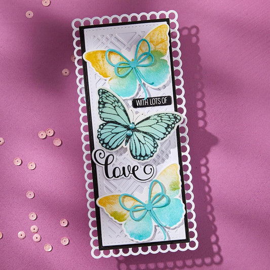 Card with butterfly design and 'With lots of love' text on a pink background