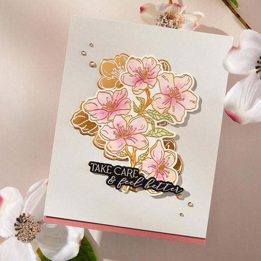 Card with floral design and 'Take care & feel better' text, surrounded by flowers.