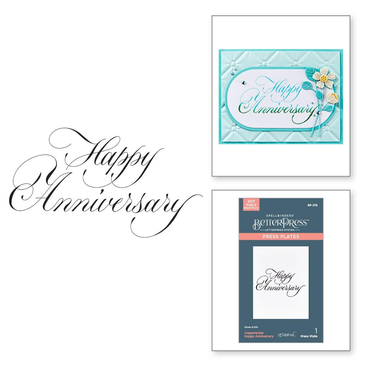 Happy Anniversary card with decorative elements and a BetterPress press plate packaging on a white background.